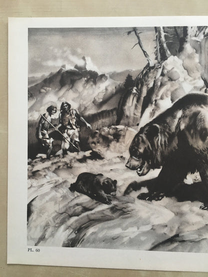 1960 CAVE BEAR & NEANDERTHALS Print - Prehistoric Animals Print - Paleoart - Cave Man Art - 63 Years Old - 13.5 x 9.75 Inches