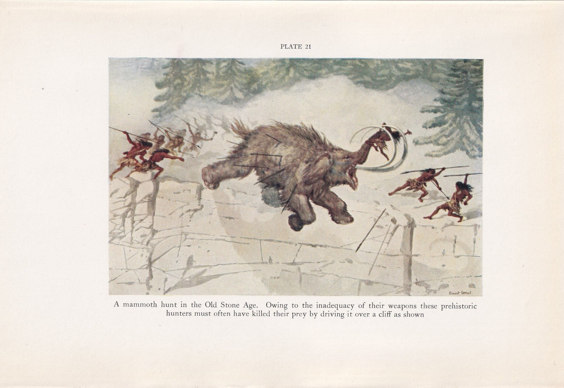 1934 MAMMOTH HUNT Print - Caveman Print - Original Vintage Print - Mammoth Wall Art - Caveman - 89 Years Old - 9.15 x 6 Inches