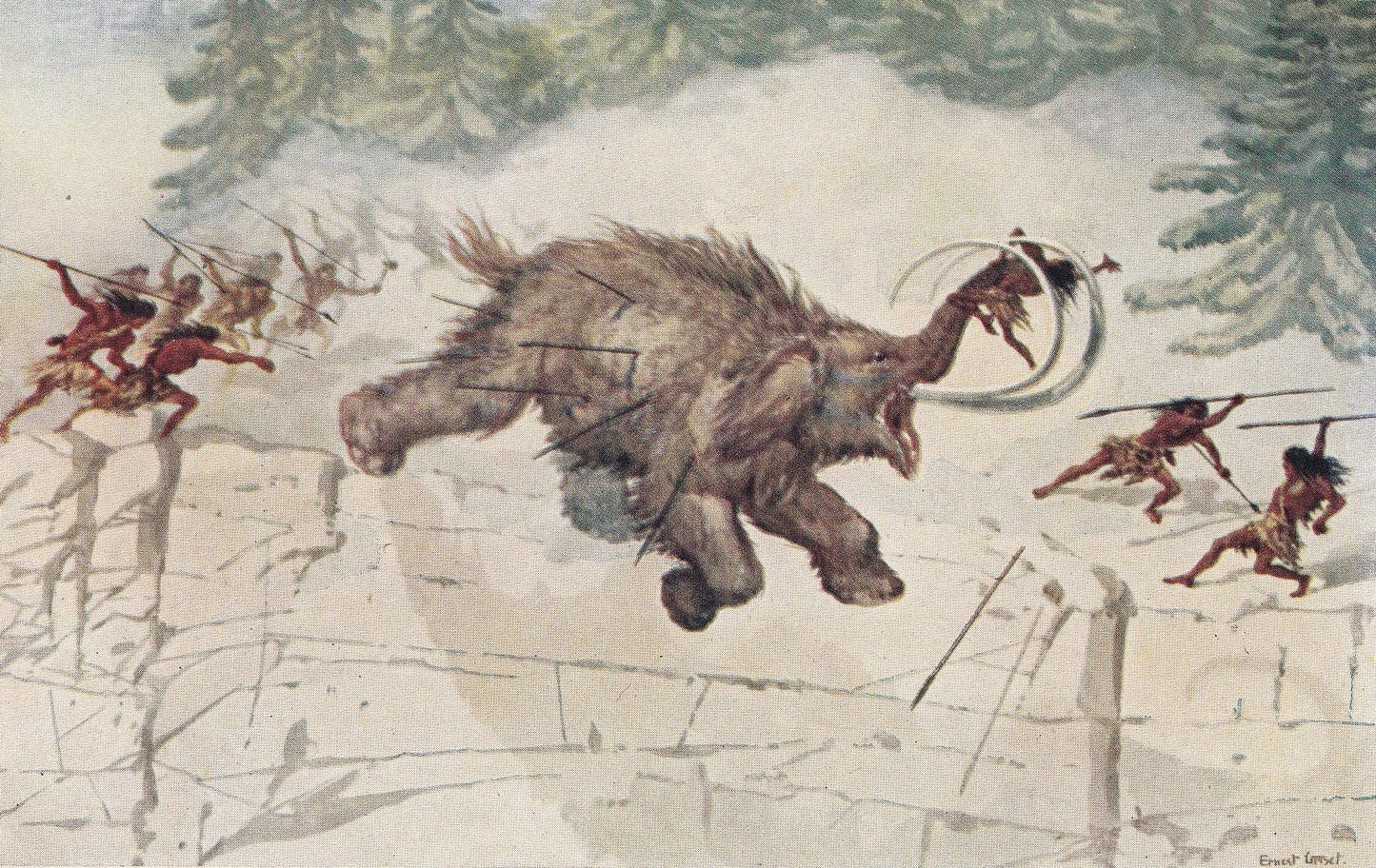 1934 MAMMOTH HUNT Print - Caveman Print - Original Vintage Print - Mammoth Wall Art - Caveman - 89 Years Old - 9.15 x 6 Inches