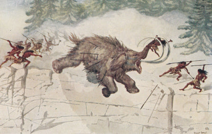 1934 MAMMOTH HUNT Print - Caveman Print - Original Vintage Print - Mammoth Wall Art - Caveman - 89 Years Old - 9.15 x 6 Inches