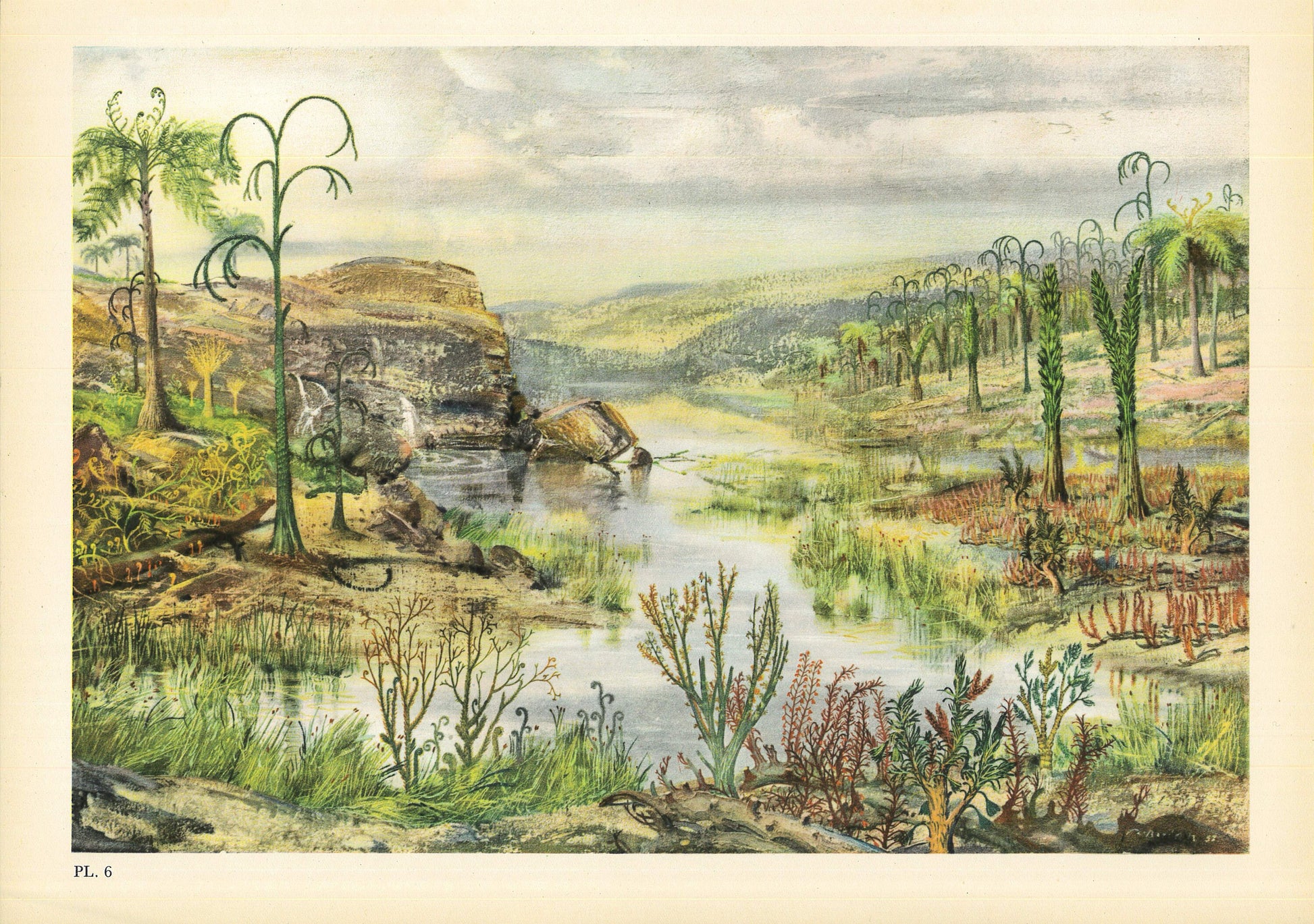 1960 DEVONIAN PERIOD LANDSCAPE Print - Prehistoric Print - Paleoart - Paleontology Print - Dinosaur Print - 13.5 x 9.75 Inches