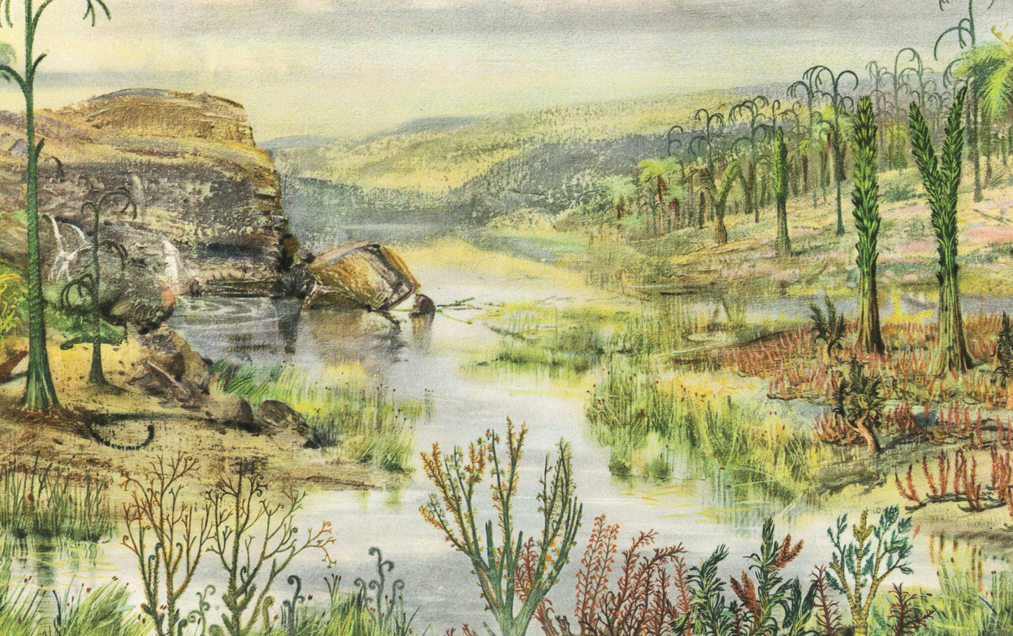 1960 DEVONIAN PERIOD LANDSCAPE Print - Prehistoric Print - Paleoart - Paleontology Print - Dinosaur Print - 13.5 x 9.75 Inches