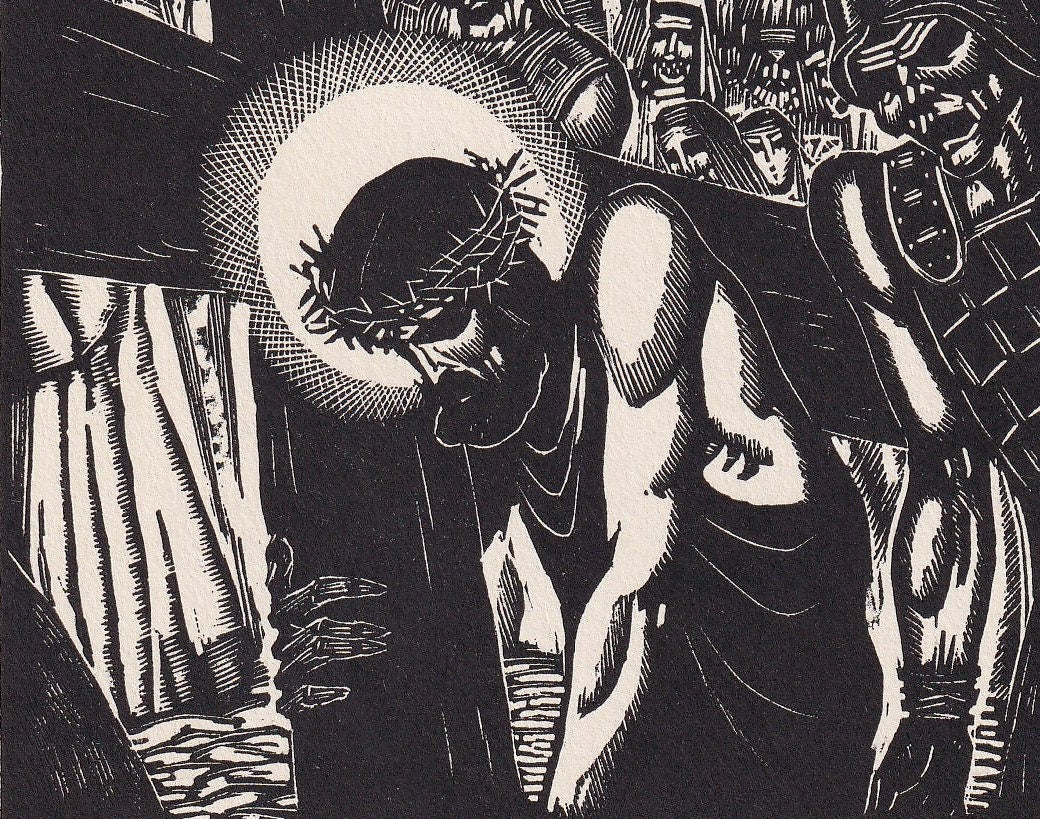 1930 JAMES REID Wood Engraving - 'Jesus Carrying the Cross' - Bible Wood Engraving - Bible Art - Christian Art - 6 x 9.15 Inc