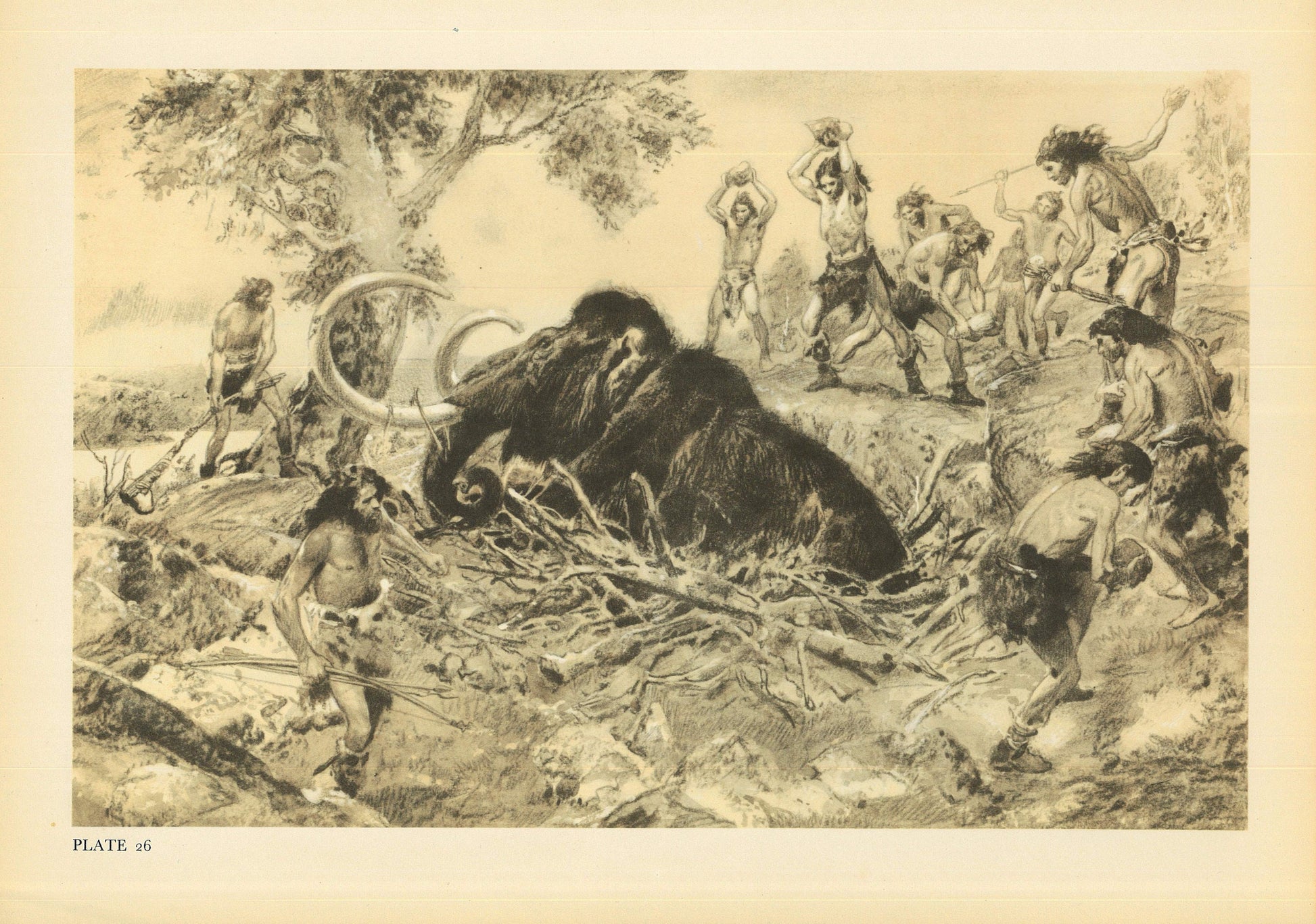1960 CAVEMAN HUNTING MAMMOTH Print - Prehistoric Man Print - Paleoart - Human Evolution Print - Neanderthal Art - 13.5 x 9.75 Inches