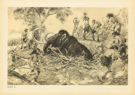 1960 CAVEMAN HUNTING MAMMOTH Print - Prehistoric Man Print - Paleoart - Human Evolution Print - Neanderthal Art - 13.5 x 9.75 Inches