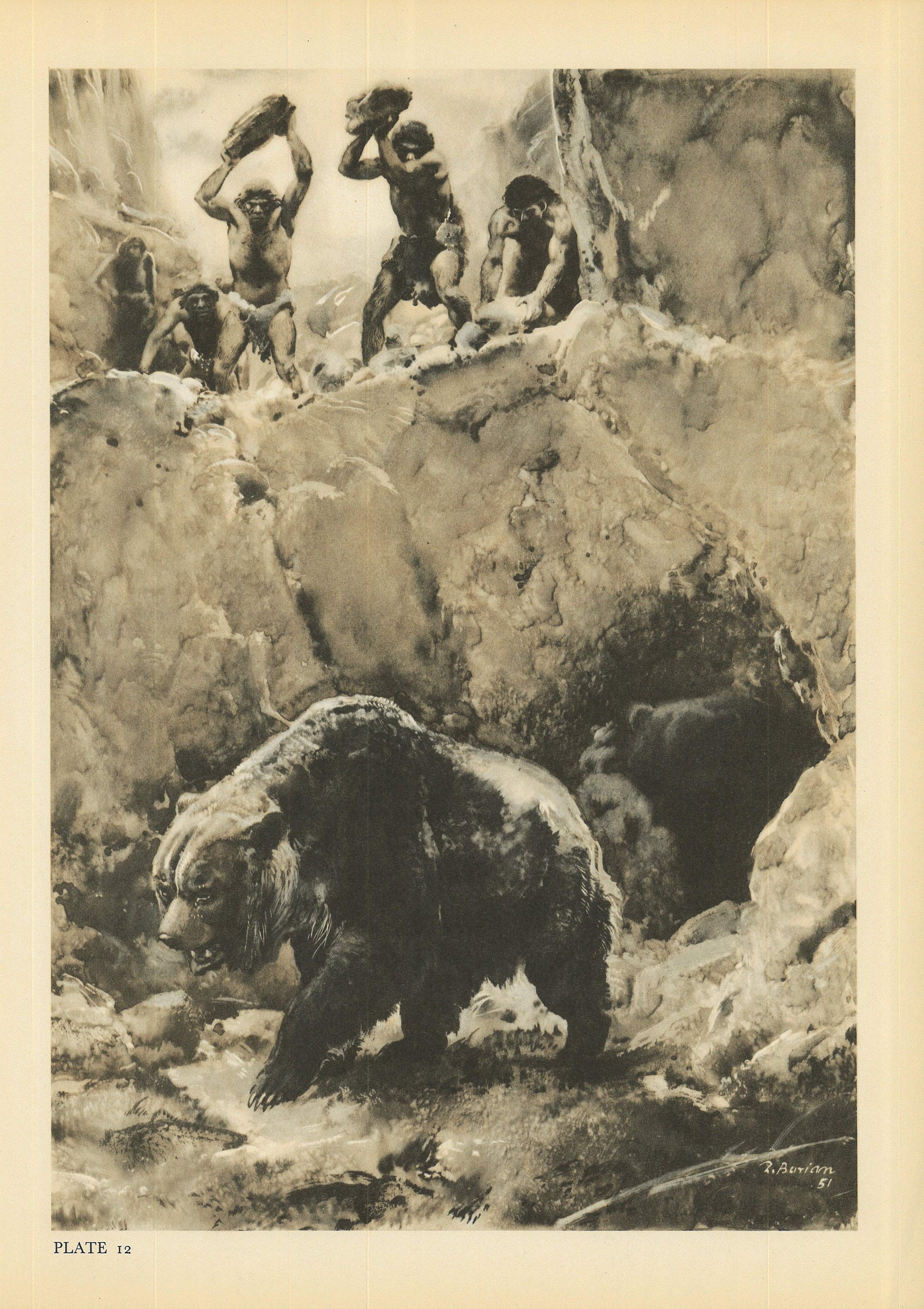 1960 NEANDERTHALS vs CAVE BEAR Print - Prehistoric Man Print - Paleoart - Human Evolution Print - Neanderthal Art - 9.75 x 13.5 Inches