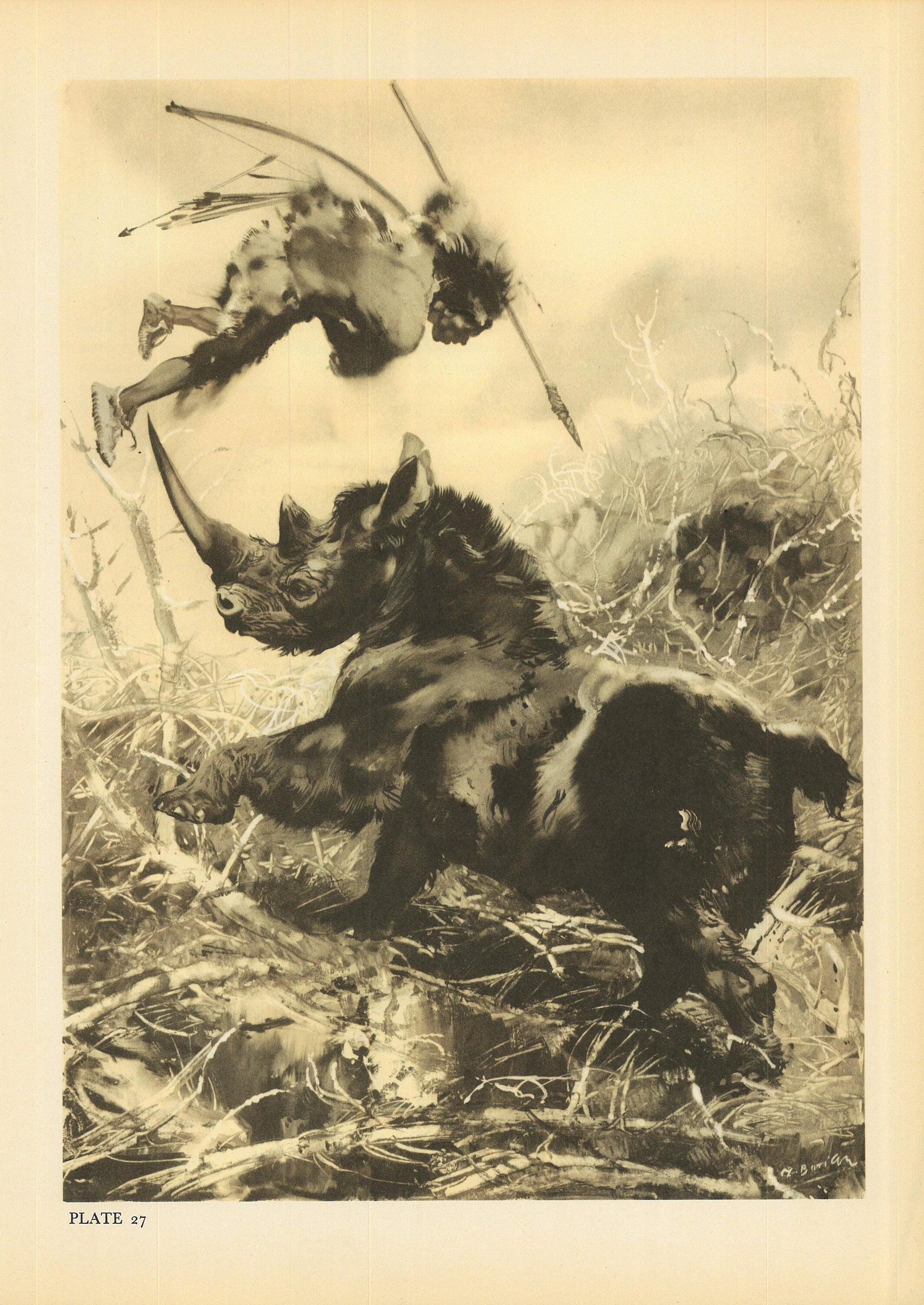 1960 CAVEMAN vs WOOLY RHINO Print - Prehistoric Man Print - Paleoart - Human Evolution Print - Neanderthal Art - 9.75 x 13.5 Inches