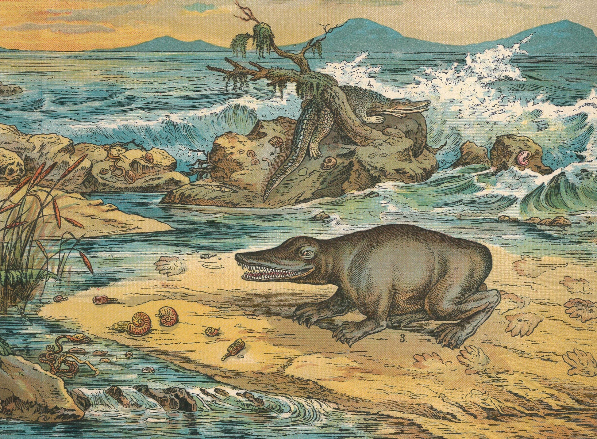 1878 DINOSAUR Print - Triassic Period - Antique Paleoart - Dinosaur Wall Art - Phytosaur, Mastodonsaurus - 16.5 x 12.5 Inches