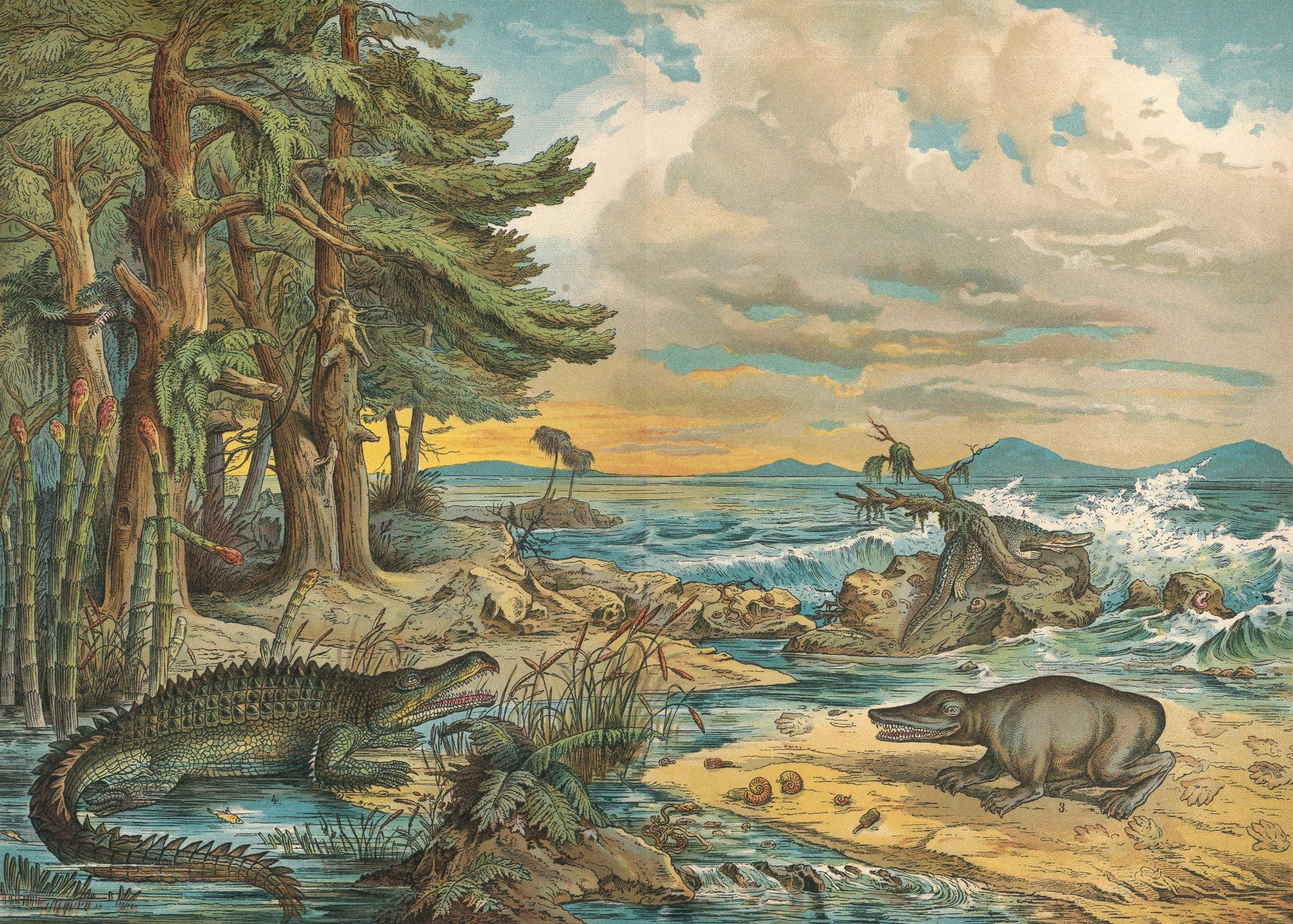 1878 DINOSAUR Print - Triassic Period - Antique Paleoart - Dinosaur Wall Art - Phytosaur, Mastodonsaurus - 16.5 x 12.5 Inches