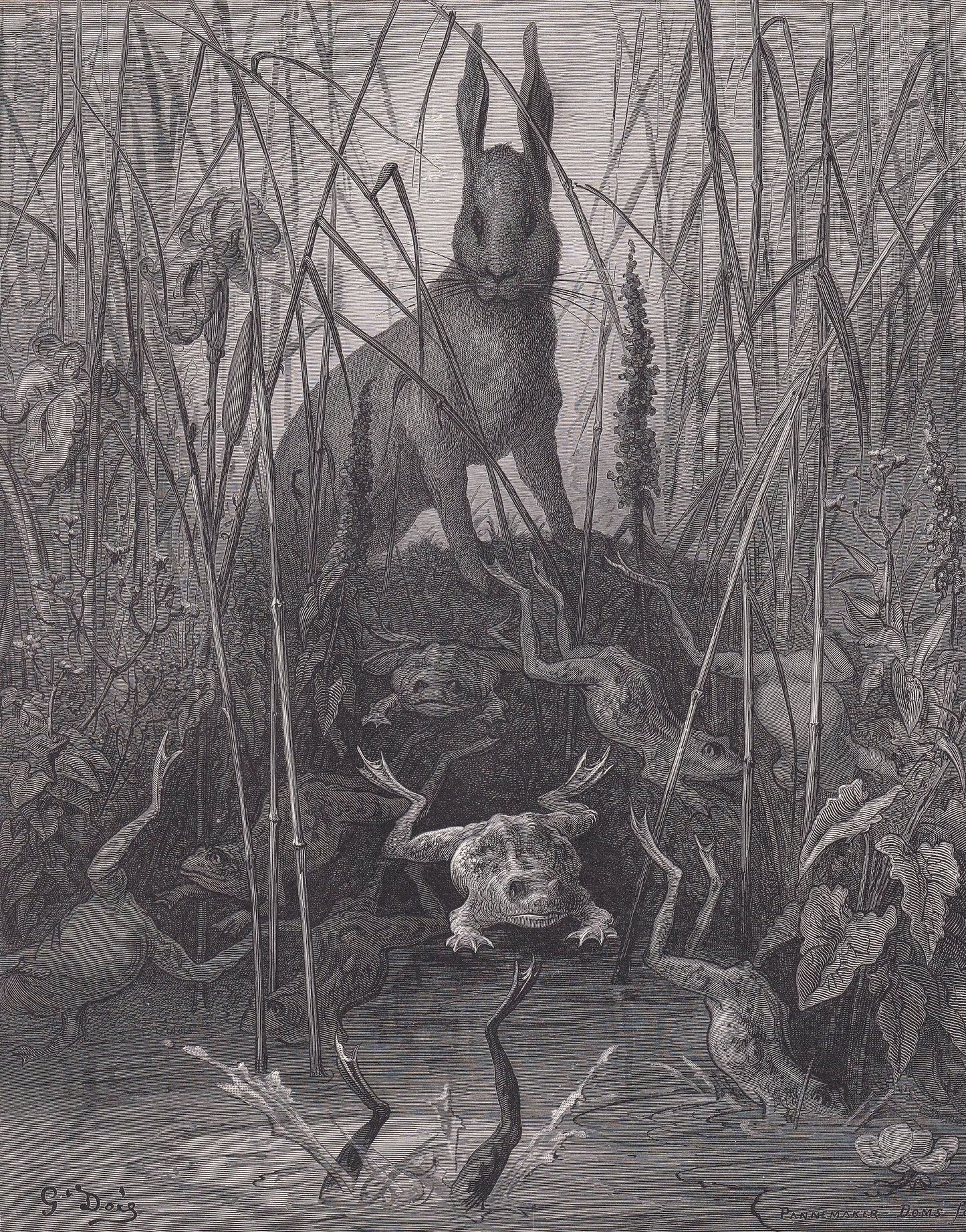 1870 GUSTAVE DORE Print - "The Hare and the Frogs" - Dore Wall Art - Dore Engraving - 8.5 x 12.2 Inches