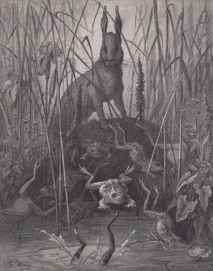 1870 GUSTAVE DORE Print - "The Hare and the Frogs" - Dore Wall Art - Dore Engraving - 8.5 x 12.2 Inches