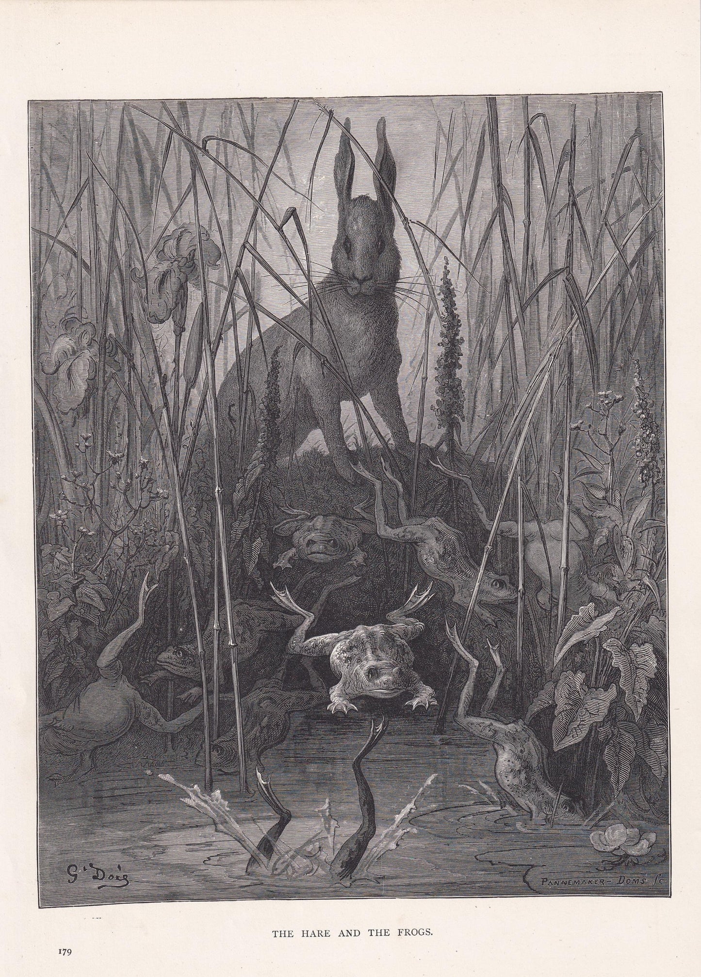 1870 GUSTAVE DORE Print - "The Hare and the Frogs" - Dore Wall Art - Dore Engraving - 8.5 x 12.2 Inches