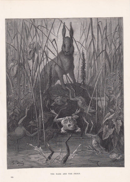 1870 GUSTAVE DORE Print - "The Hare and the Frogs" - Dore Wall Art - Dore Engraving - 8.5 x 12.2 Inches