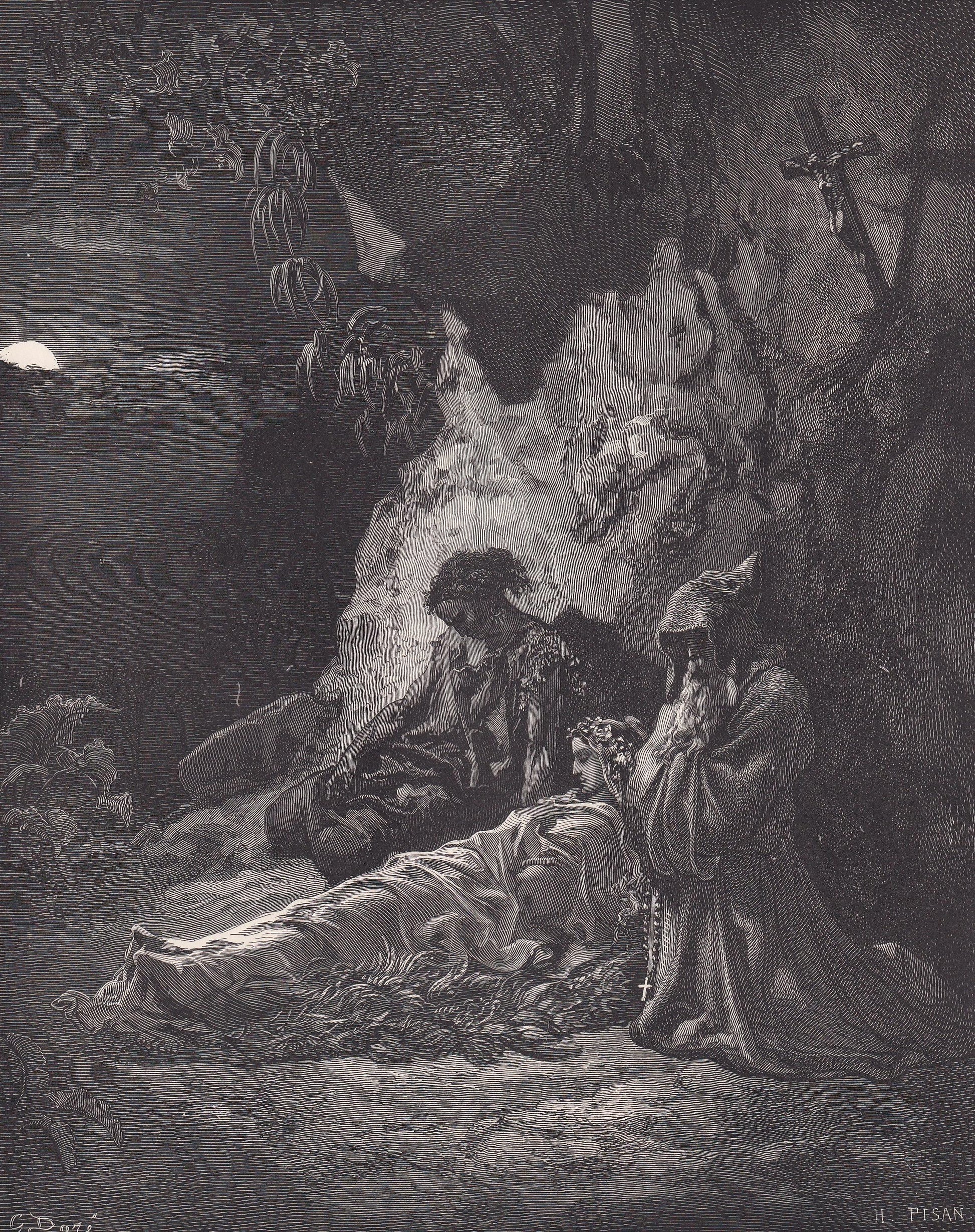 1870 GUSTAVE DORE Print - "Mourning By Moonlight" - Dore Wall Art - Dore Engraving - 8.5 x 12.2 Inches