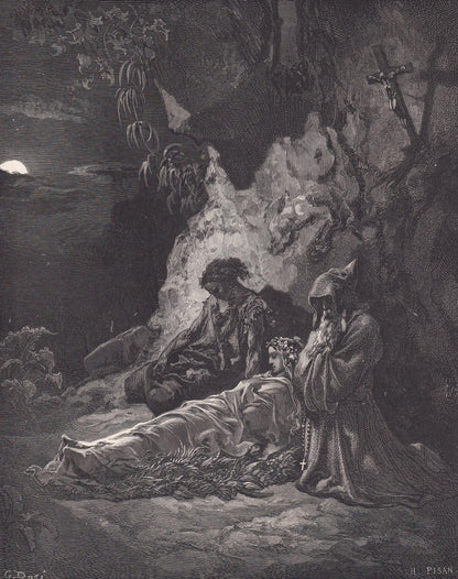 1870 GUSTAVE DORE Print - "Mourning By Moonlight" - Dore Wall Art - Dore Engraving - 8.5 x 12.2 Inches