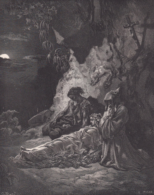 1870 GUSTAVE DORE Print - "Mourning By Moonlight" - Dore Wall Art - Dore Engraving - 8.5 x 12.2 Inches