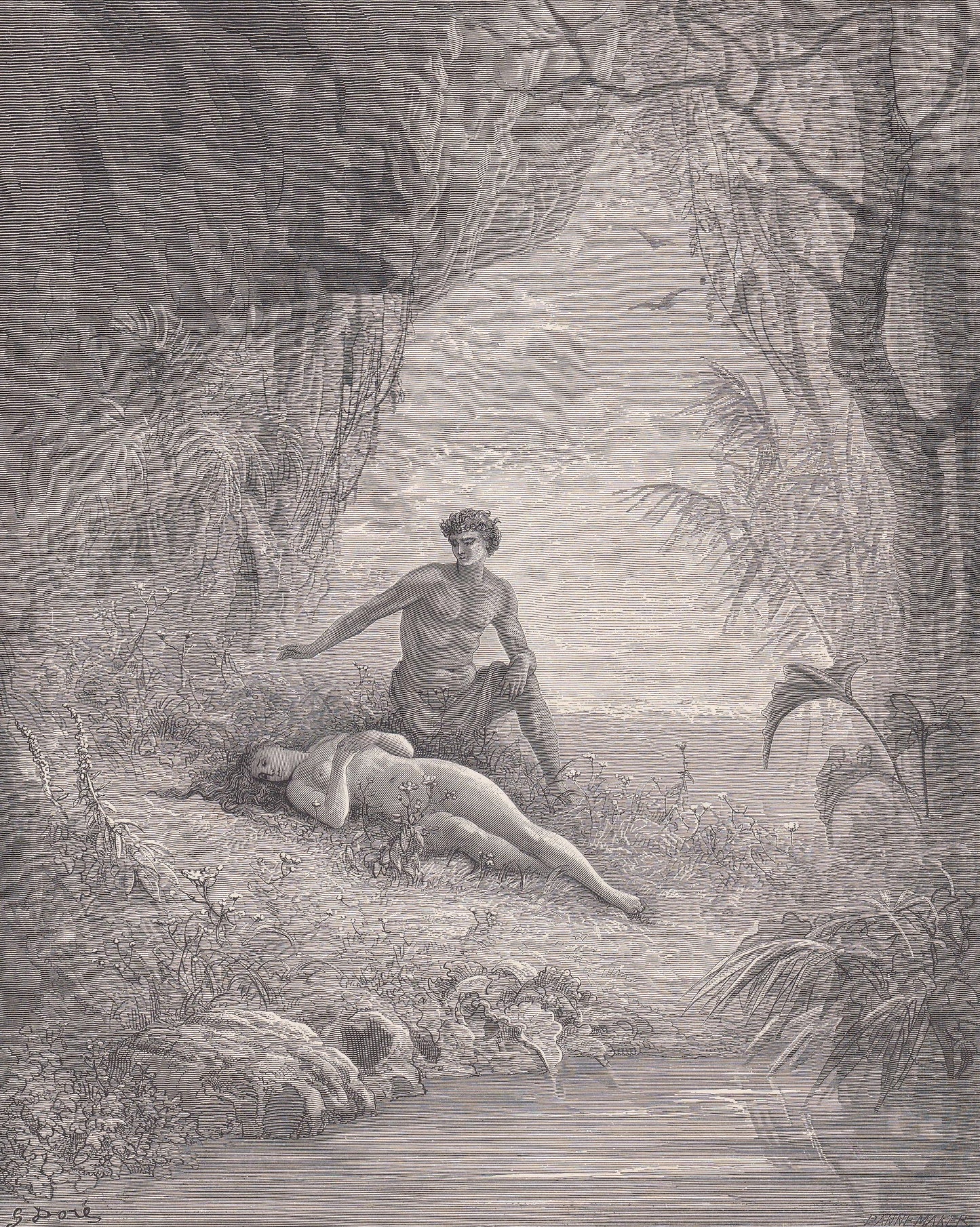 1870 GUSTAVE DORE Print - "Adam and Eve" - Dore Wall Art - Dore Engraving - 8.5 x 12.8 Inches