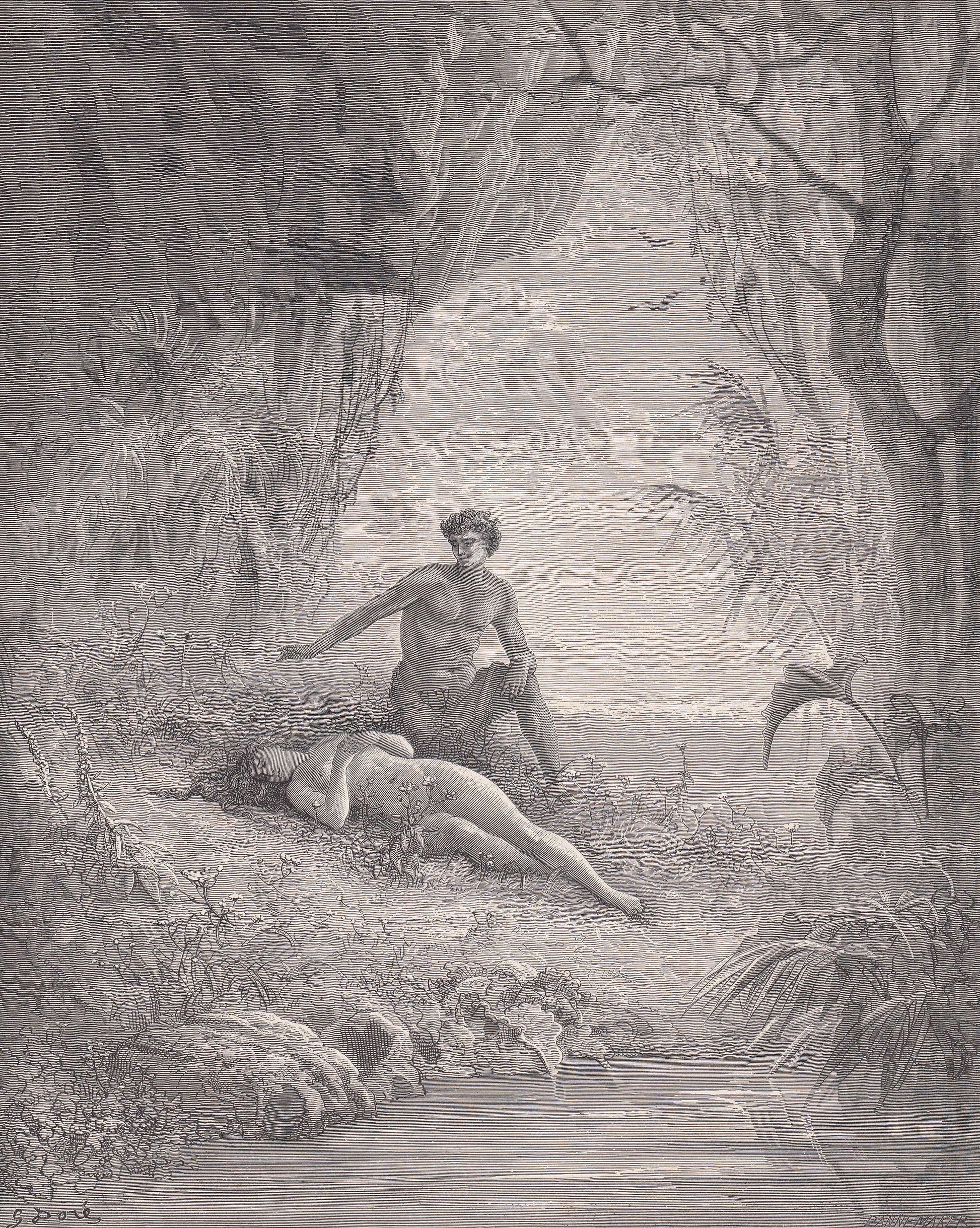 1870 GUSTAVE DORE Print - "Adam and Eve" - Dore Wall Art - Dore Engraving - 8.5 x 12.8 Inches