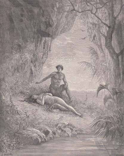 1870 GUSTAVE DORE Print - "Adam and Eve" - Dore Wall Art - Dore Engraving - 8.5 x 12.8 Inches