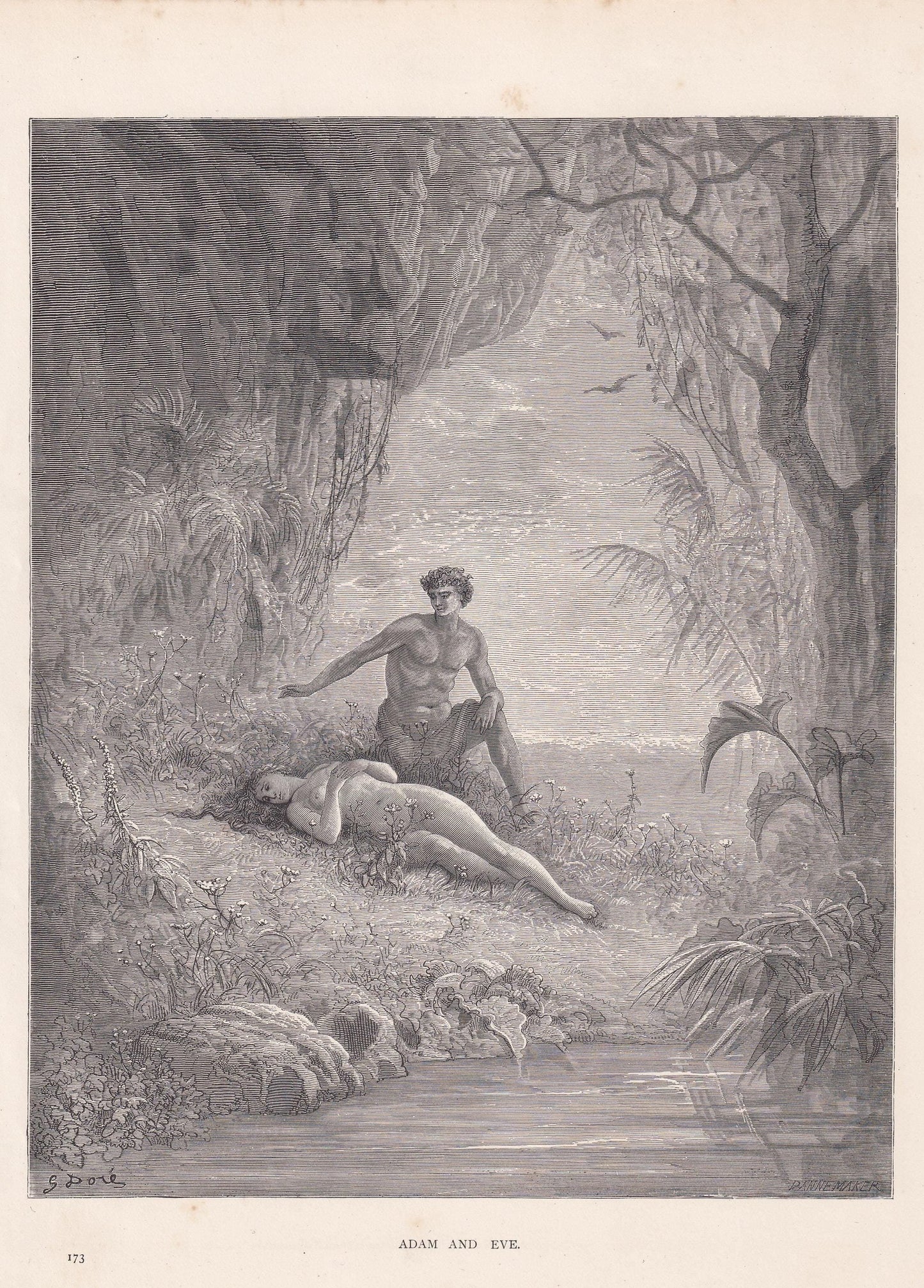 1870 GUSTAVE DORE Print - "Adam and Eve" - Dore Wall Art - Dore Engraving - 8.5 x 12.8 Inches