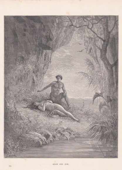 1870 GUSTAVE DORE Print - "Adam and Eve" - Dore Wall Art - Dore Engraving - 8.5 x 12.8 Inches