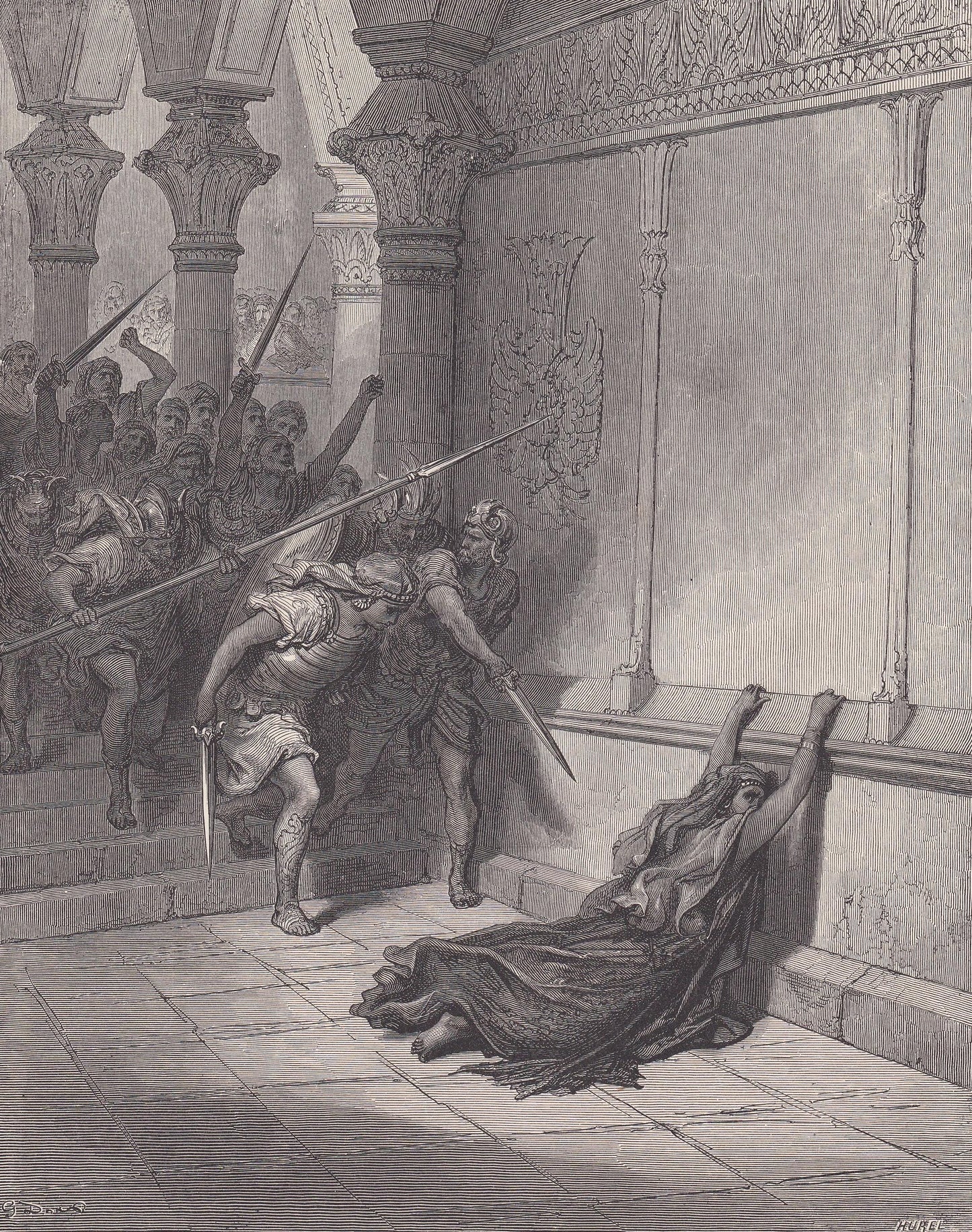 1870 GUSTAVE DORE Print - "Death of Athalia" - Dore Wall Art - Dore Engraving - 8.5 x 12.2 Inches