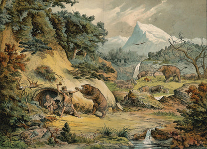 1878 PREHISTORIC MAN & ANIMALS Print - Pleistocene Epoch - Antique Paleoart - Mammoth Wall Art - Cave Bear, Neanderthal - 16.5 x 12.5 Inches