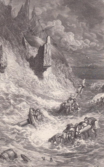 1870 GUSTAVE DORE Print - "Stranding of Sinbad's Ship" - Dore Wall Art - Dore Engraving - 8.5 x 12.2 Inches