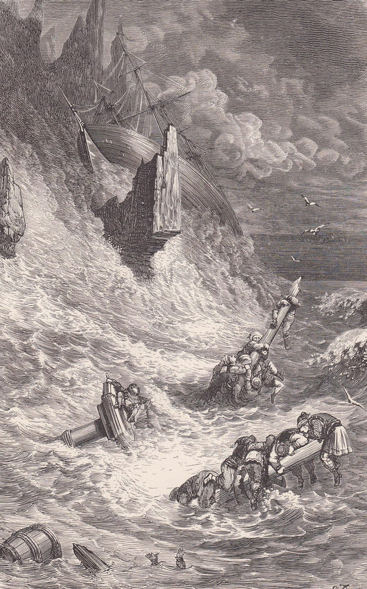 1870 GUSTAVE DORE Print - "Stranding of Sinbad's Ship" - Dore Wall Art - Dore Engraving - 8.5 x 12.2 Inches