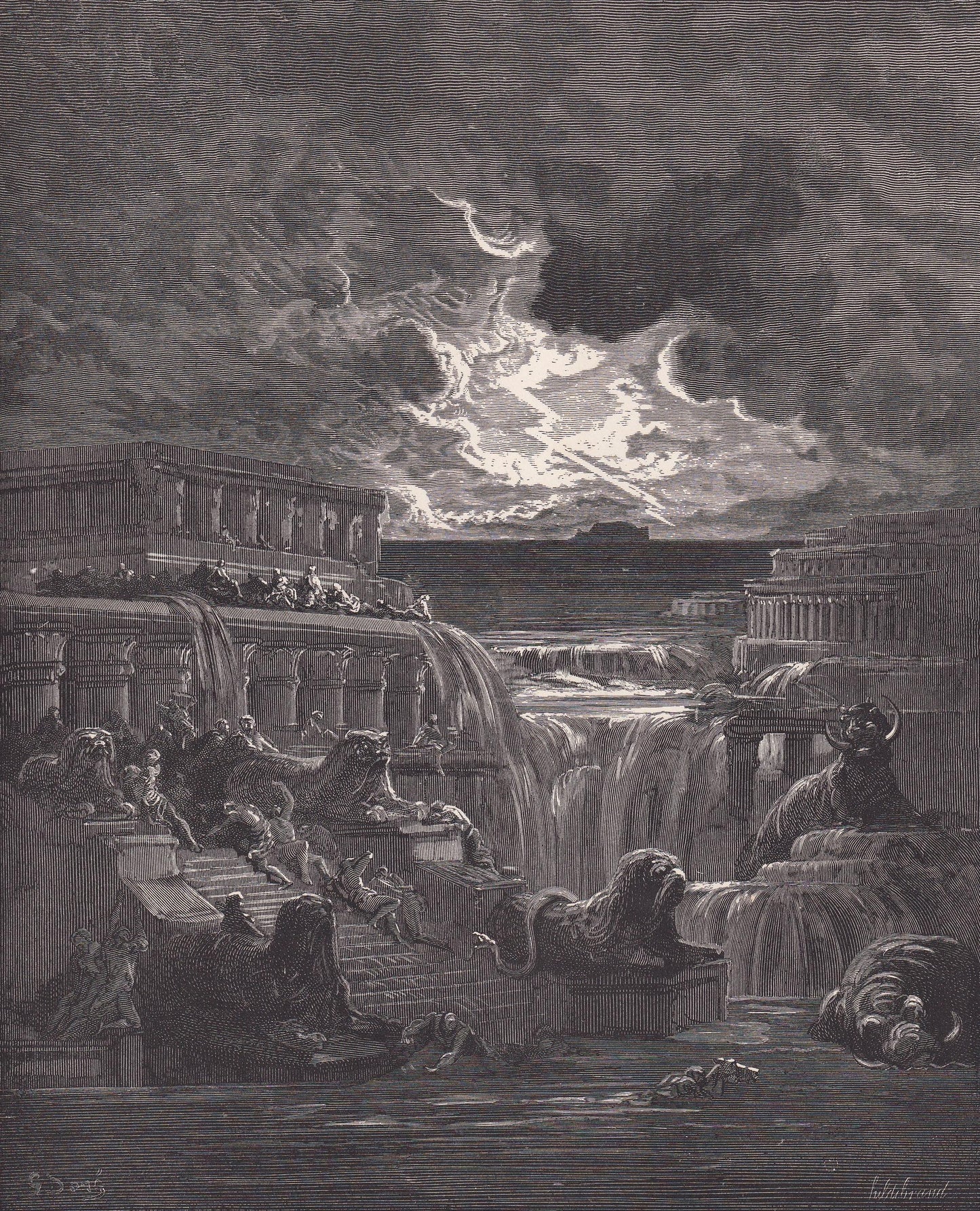 1870 GUSTAVE DORE Print - "The Rising of the Waters" - Dore Wall Art - Dore Engraving - 8.5 x 12.2 Inches