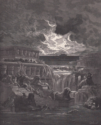 1870 GUSTAVE DORE Print - "The Rising of the Waters" - Dore Wall Art - Dore Engraving - 8.5 x 12.2 Inches