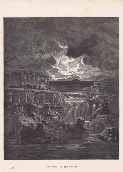 1870 GUSTAVE DORE Print - "The Rising of the Waters" - Dore Wall Art - Dore Engraving - 8.5 x 12.2 Inches