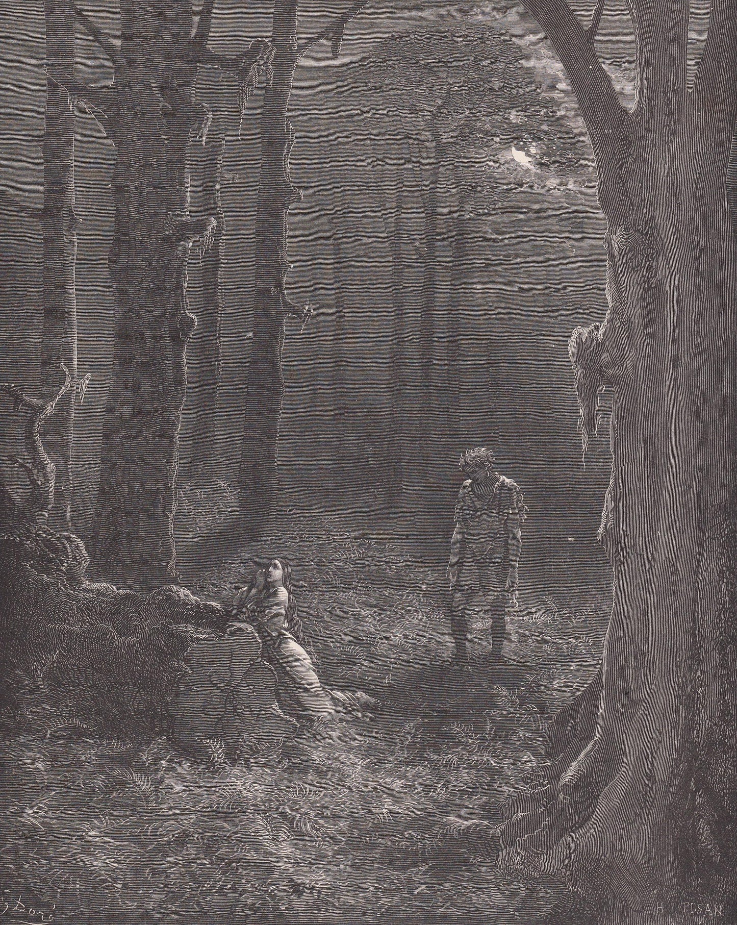 1870 GUSTAVE DORE Print - "The Lovers in the Moonlit Forest" - Dore Wall Art - Dore Engraving - 8.5 x 12.2 Inches