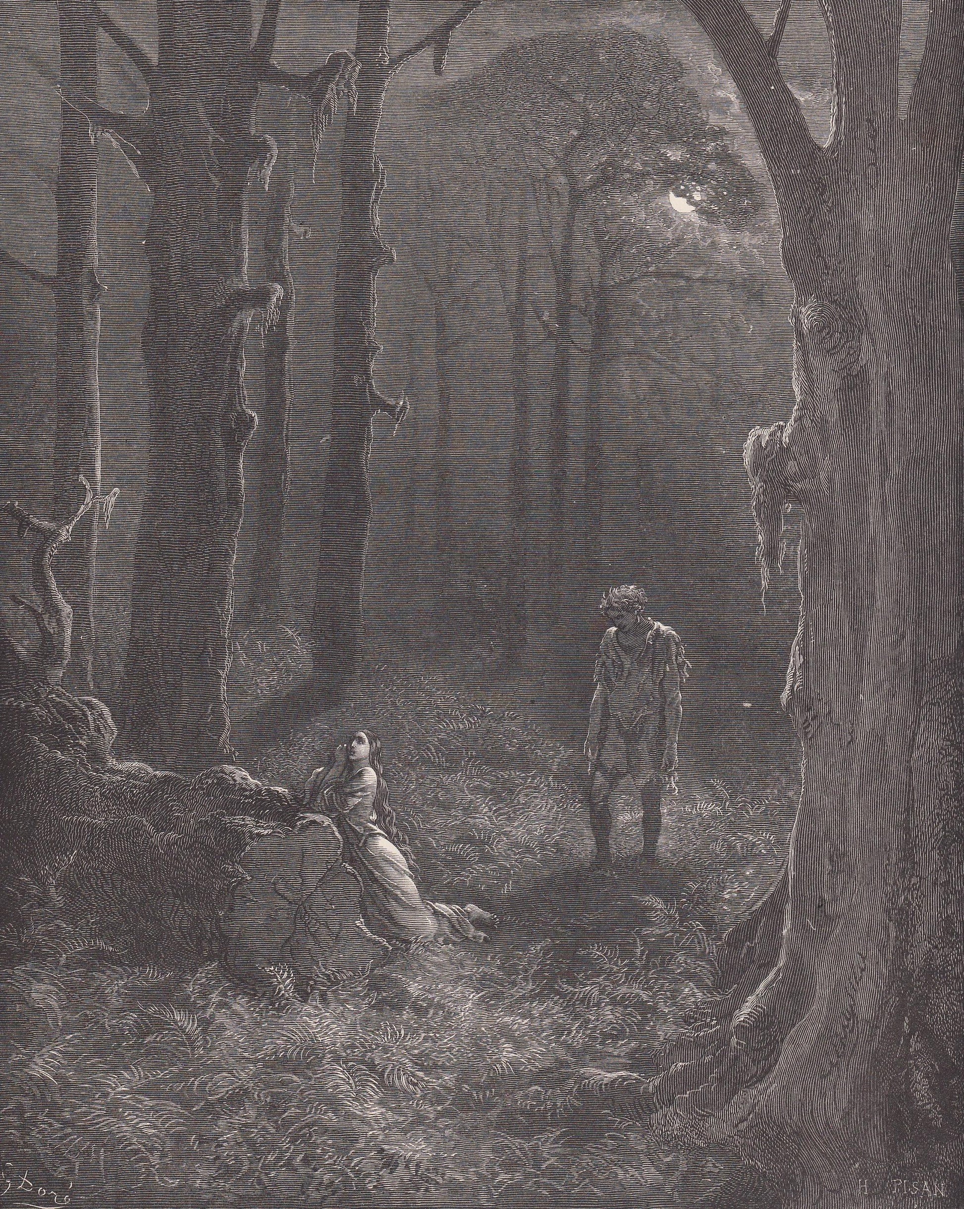 1870 GUSTAVE DORE Print - "The Lovers in the Moonlit Forest" - Dore Wall Art - Dore Engraving - 8.5 x 12.2 Inches