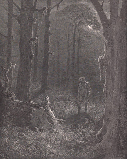 1870 GUSTAVE DORE Print - "The Lovers in the Moonlit Forest" - Dore Wall Art - Dore Engraving - 8.5 x 12.2 Inches