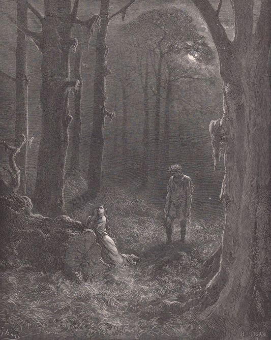1870 GUSTAVE DORE Print - "The Lovers in the Moonlit Forest" - Dore Wall Art - Dore Engraving - 8.5 x 12.2 Inches