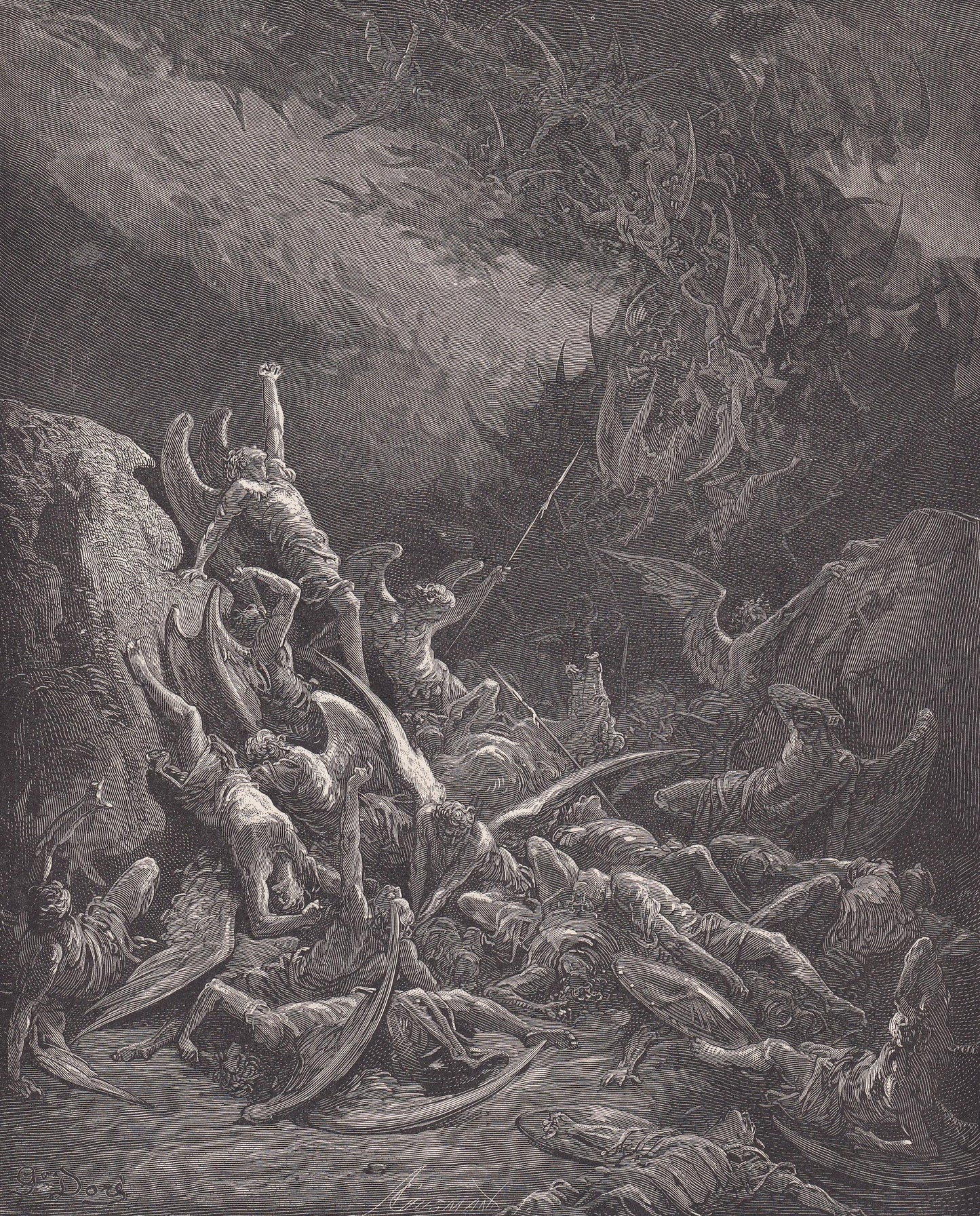 1870 GUSTAVE DORE Print - "The Fall of the Rebel Angels" - Dore Wall Art - Dore Engraving - 8.5 x 12.2 Inches