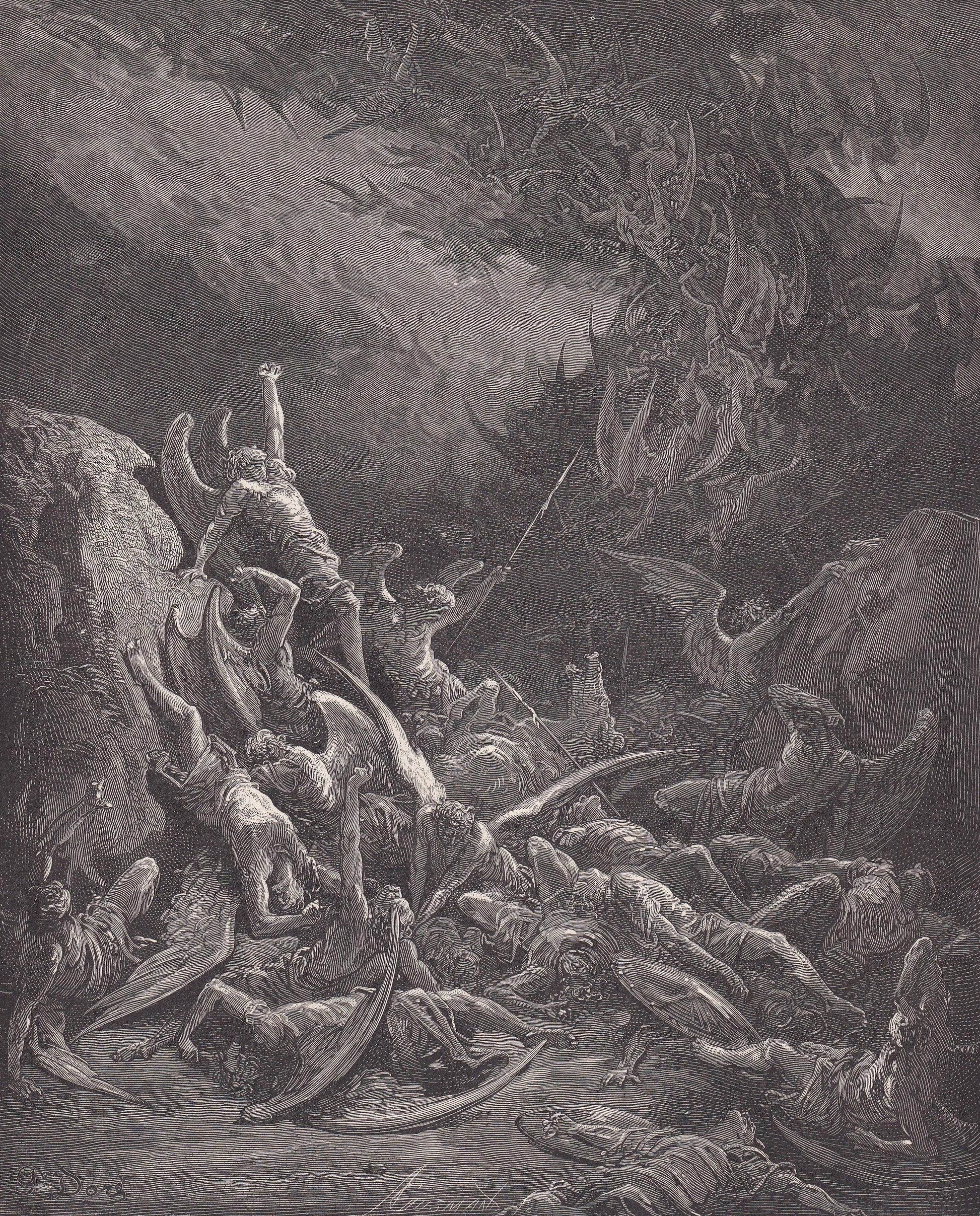 1870 GUSTAVE DORE Print - "The Fall of the Rebel Angels" - Dore Wall Art - Dore Engraving - 8.5 x 12.2 Inches