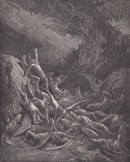 1870 GUSTAVE DORE Print - "The Fall of the Rebel Angels" - Dore Wall Art - Dore Engraving - 8.5 x 12.2 Inches