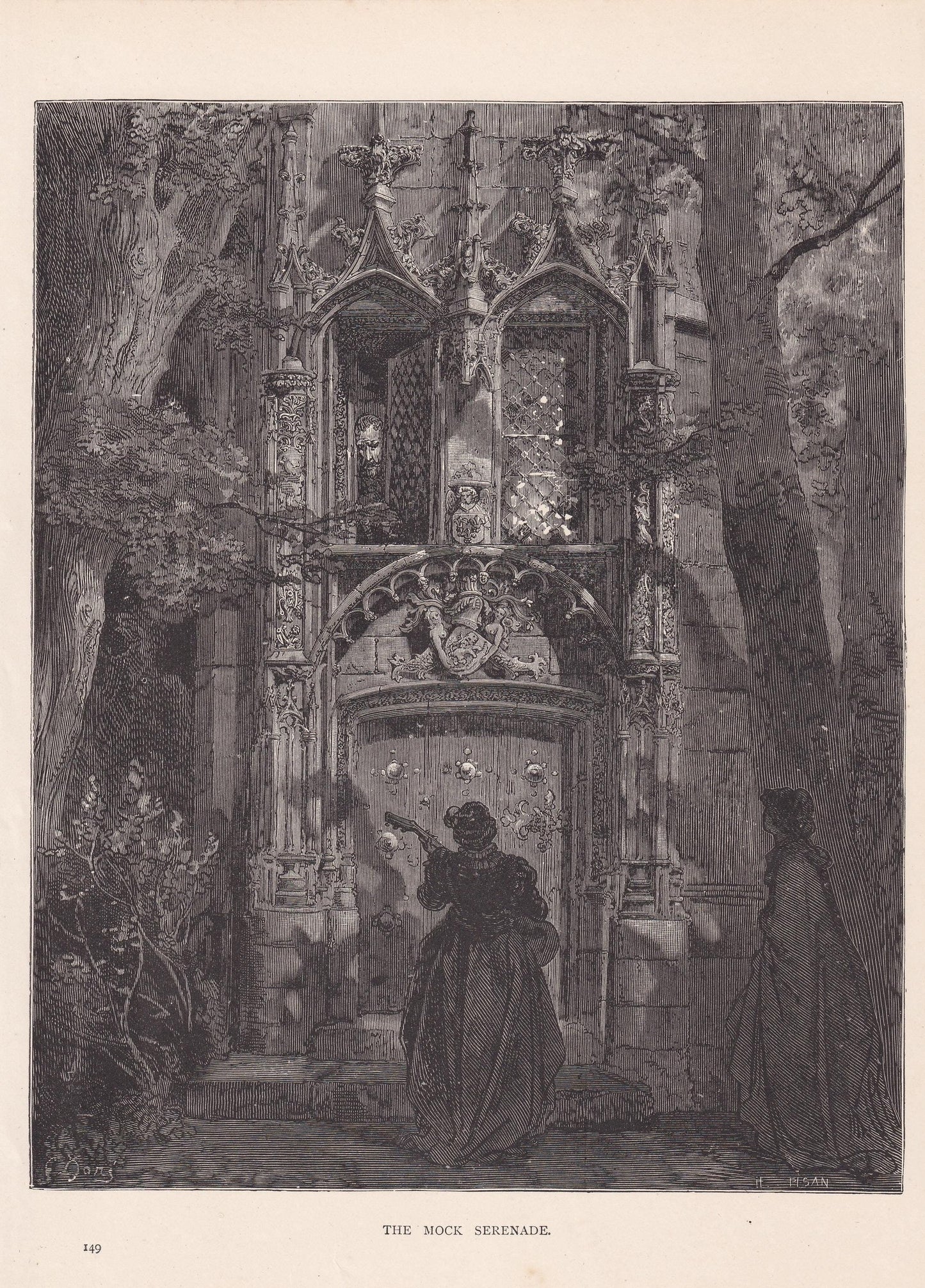1870 GUSTAVE DORE Print - "The Mock Serenade" - Dore Wall Art - Dore Engraving - 8.5 x 12.2 Inches