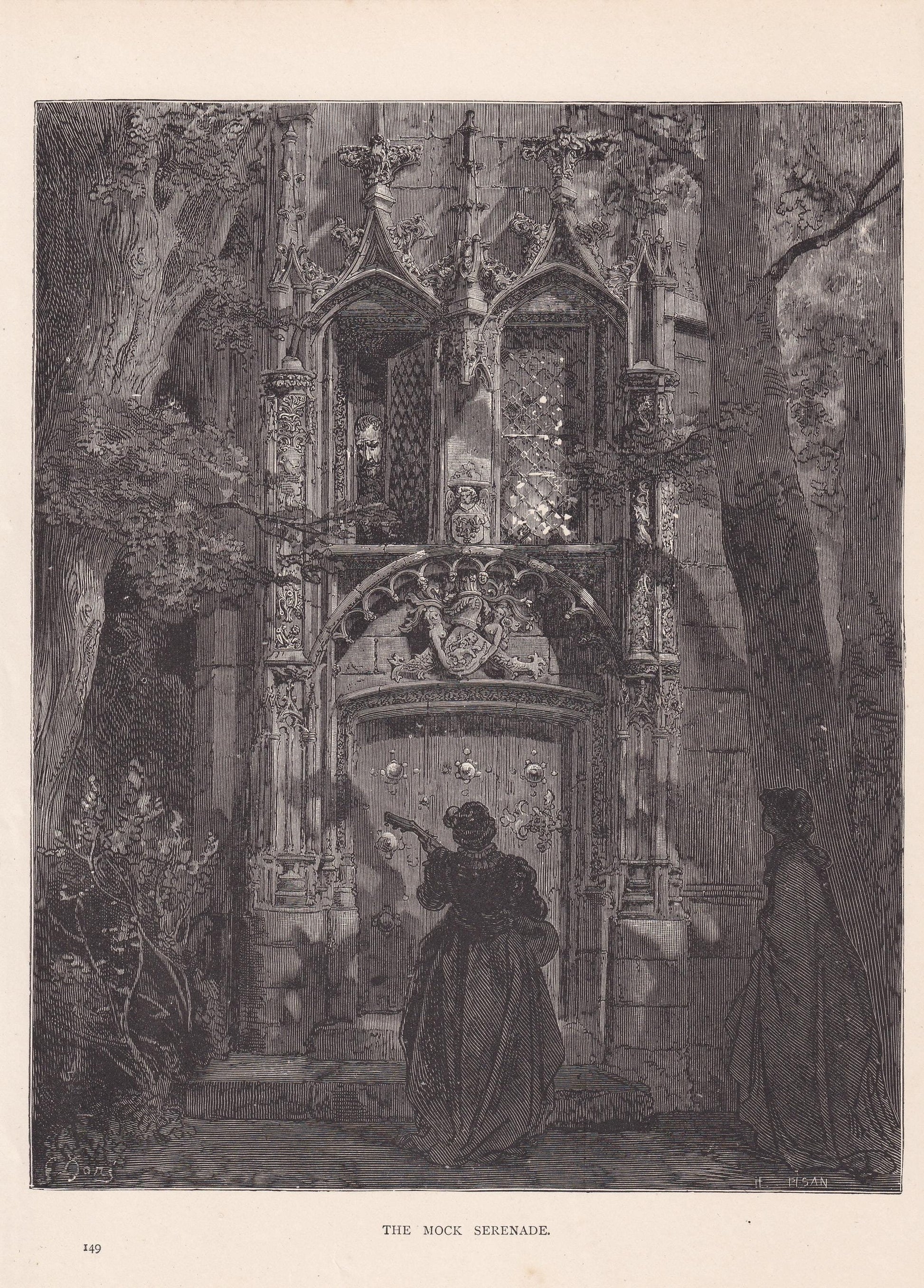 1870 GUSTAVE DORE Print - "The Mock Serenade" - Dore Wall Art - Dore Engraving - 8.5 x 12.2 Inches