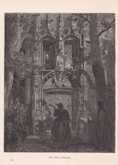 1870 GUSTAVE DORE Print - "The Mock Serenade" - Dore Wall Art - Dore Engraving - 8.5 x 12.2 Inches