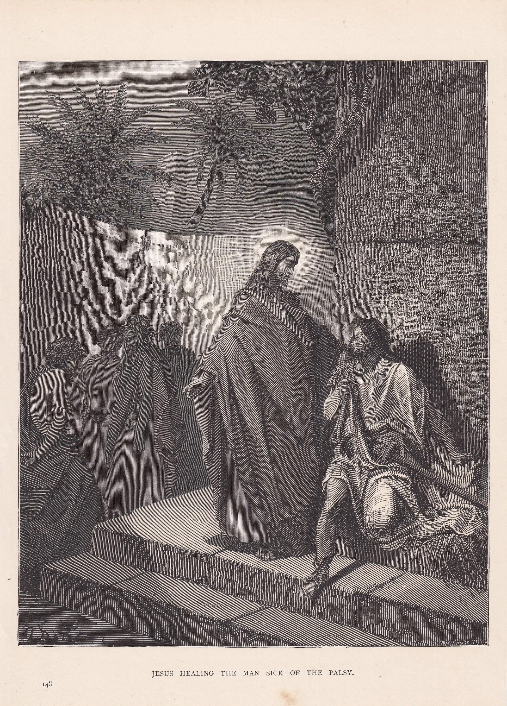1870 GUSTAVE DORE Print - "Jesus Healing the Man Sick of the Palsy" - Dore Wall Art - Dore Engraving - 8.5 x 12.2 Inches