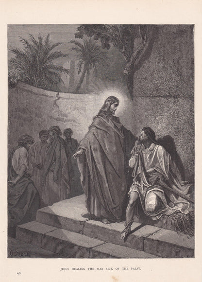 1870 GUSTAVE DORE Print - "Jesus Healing the Man Sick of the Palsy" - Dore Wall Art - Dore Engraving - 8.5 x 12.2 Inches