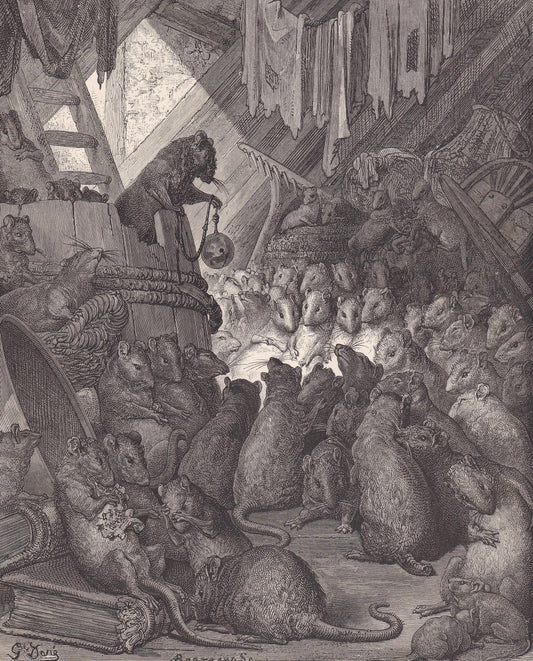 1870 GUSTAVE DORE Print - "The Council Held by the Rats" - Dore Wall Art - Dore Engraving - 8.5 x 12.2 Inches