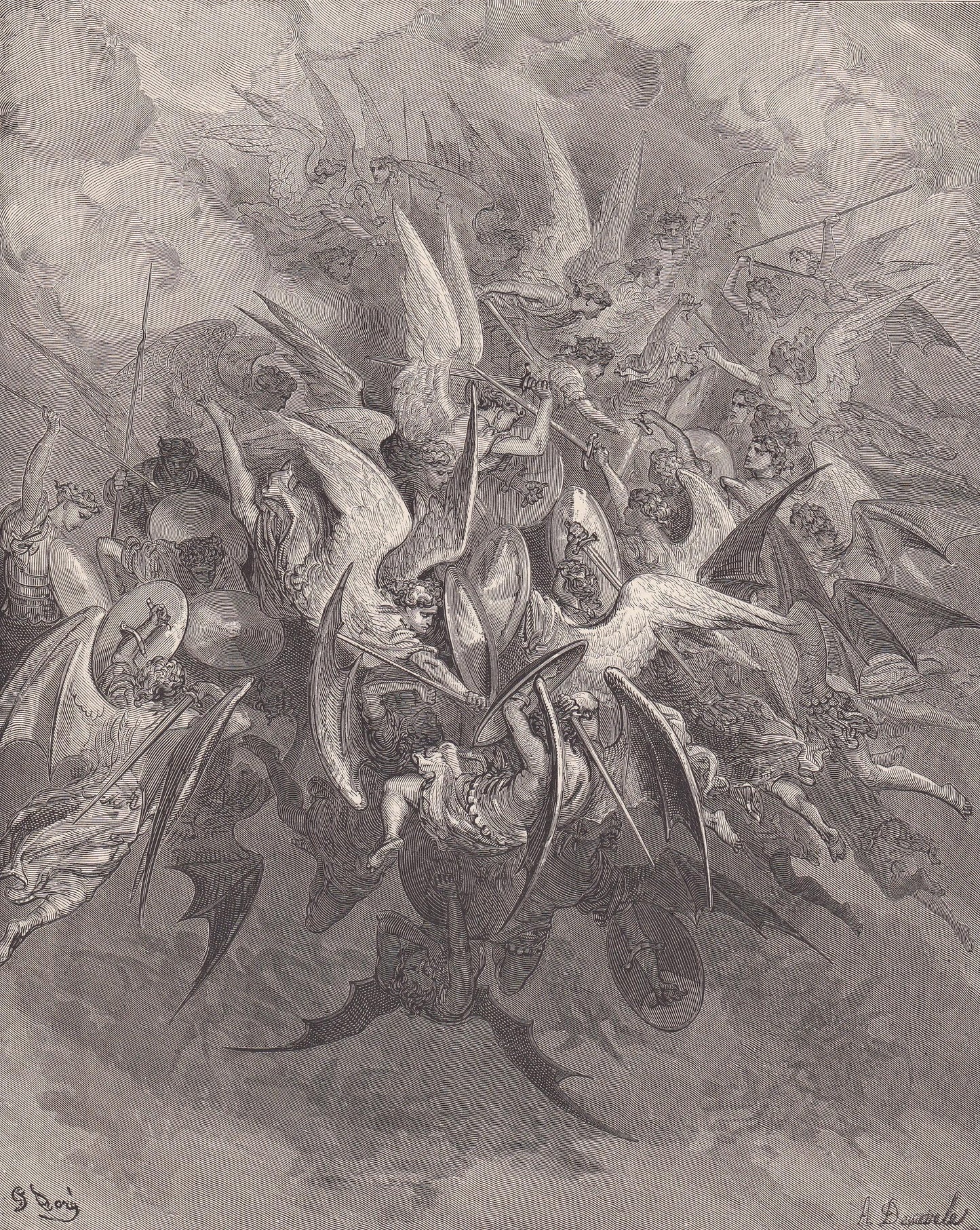 1870 GUSTAVE DORE Print - "The Battle of the Angels" - Dore Wall Art - Dore Engraving - 8.5 x 12.8 Inches