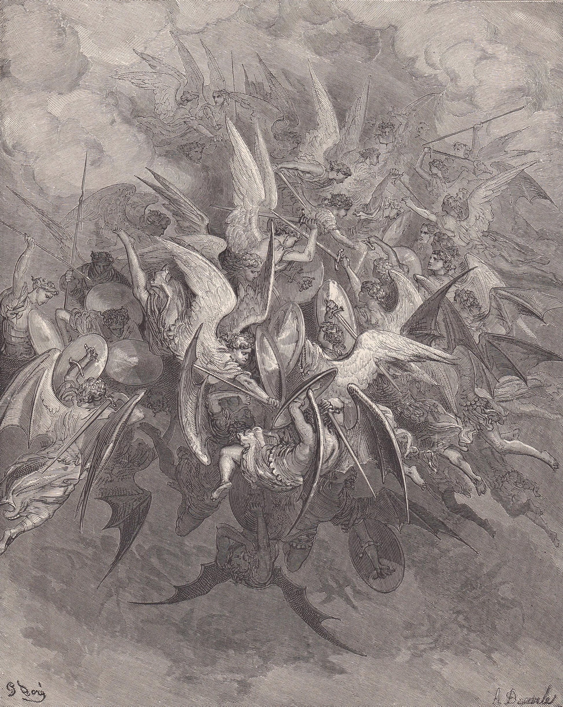1870 GUSTAVE DORE Print - "The Battle of the Angels" - Dore Wall Art - Dore Engraving - 8.5 x 12.8 Inches
