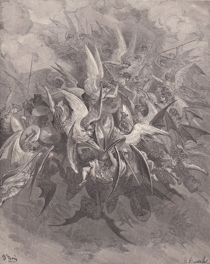 1870 GUSTAVE DORE Print - "The Battle of the Angels" - Dore Wall Art - Dore Engraving - 8.5 x 12.8 Inches