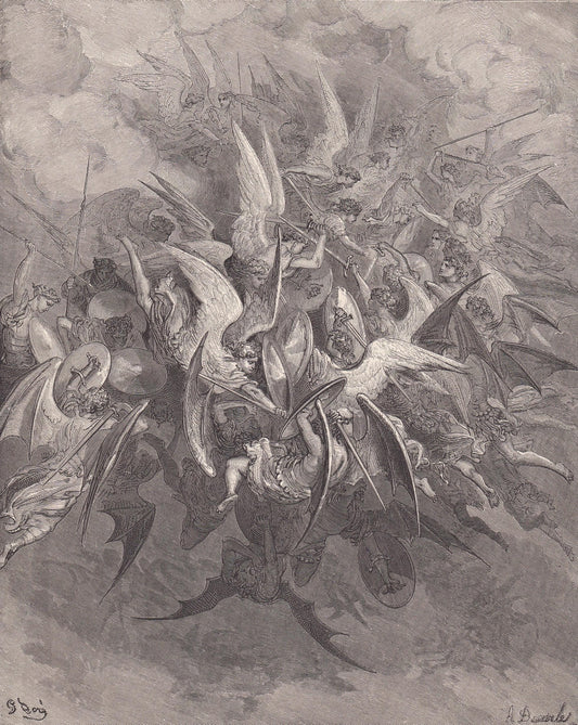 1870 GUSTAVE DORE Print - "The Battle of the Angels" - Dore Wall Art - Dore Engraving - 8.5 x 12.8 Inches