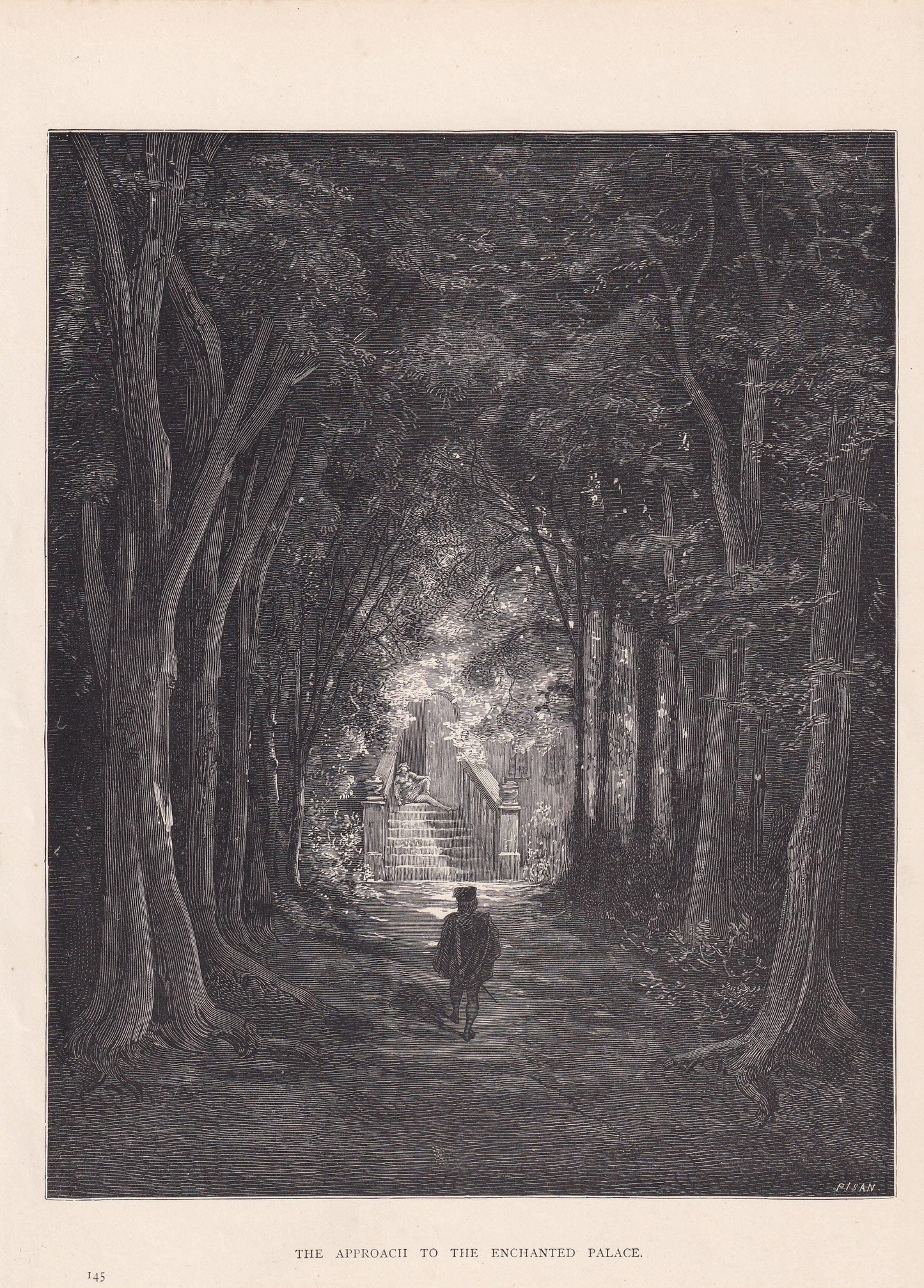 1870 GUSTAVE DORE Print - "The Approach to the Enchanted Palace" - Dore Wall Art - Dore Engraving - 8.5 x 12.8 Inches